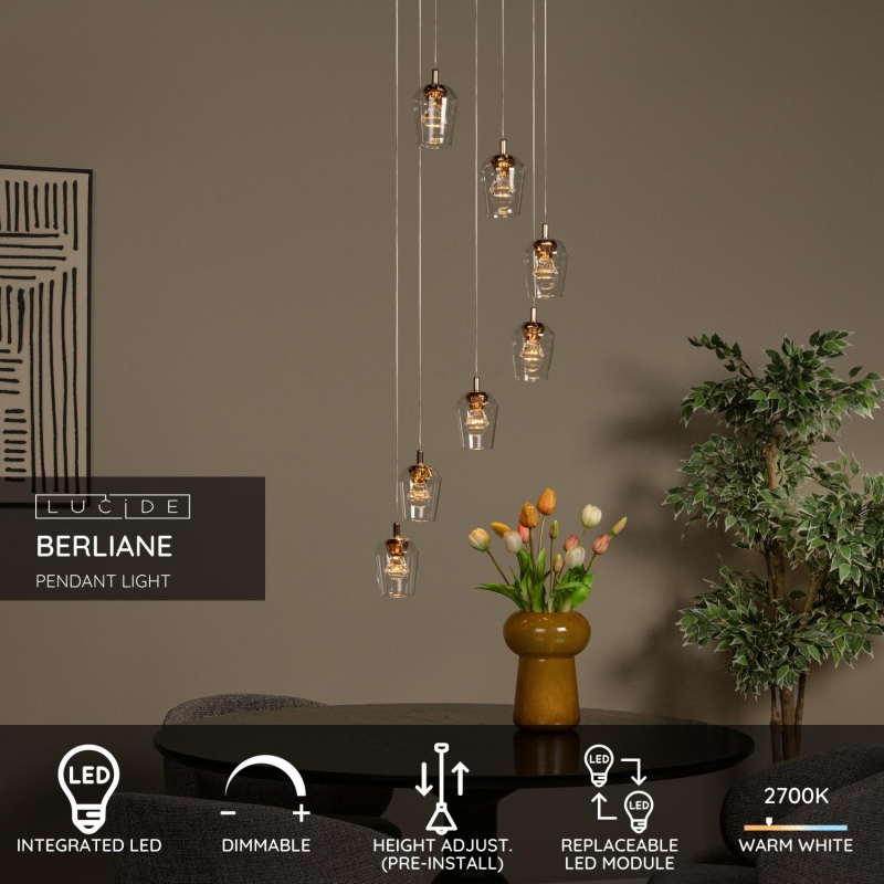 Lucide BERLIANE - Závesné svietidlo - Ø 39 cm - LED Rozm. - 7x3W 3000K - Transparent